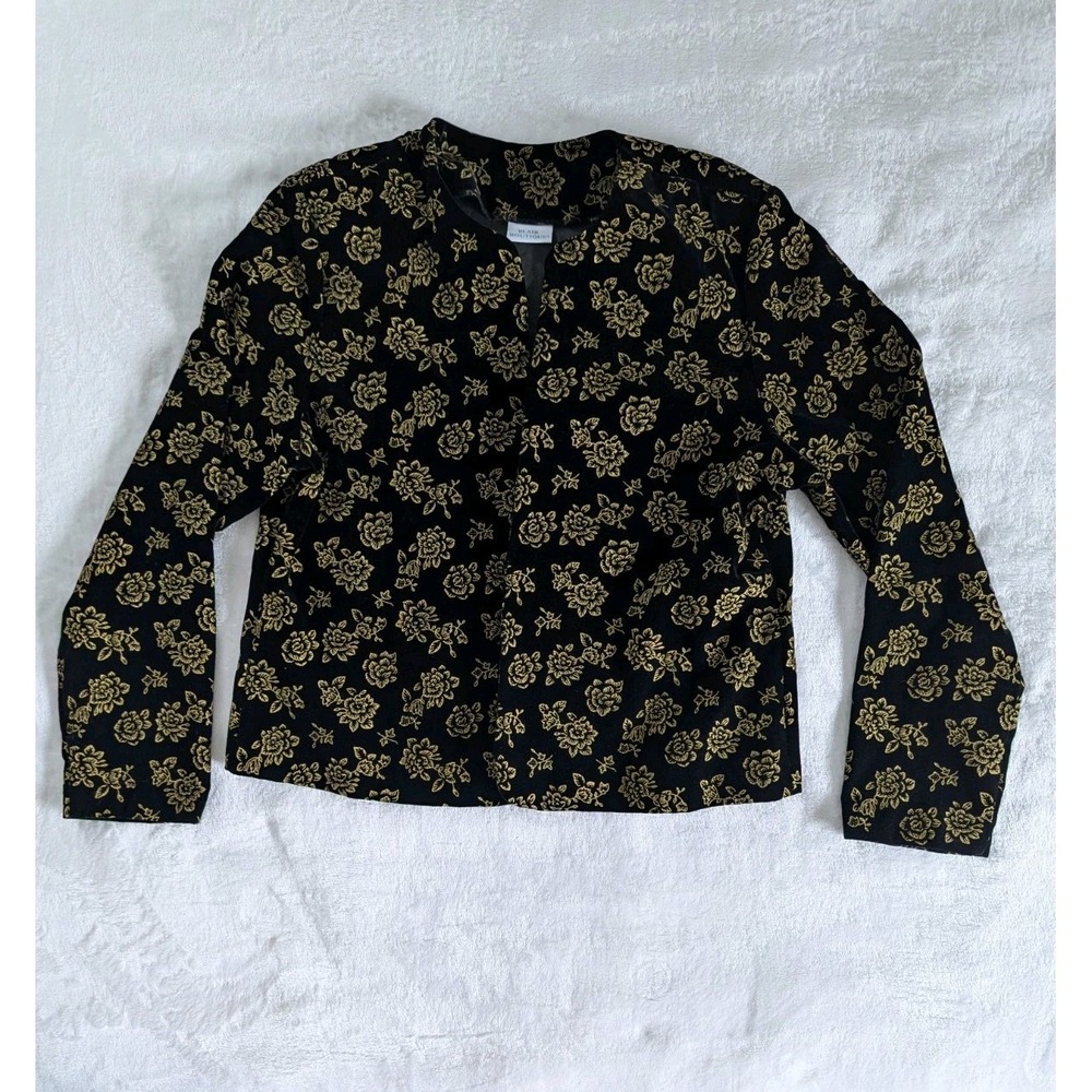 VTG Blair‎ Boutique Black Velvet Gold Roses Open Front Blazer Whimsigoth Floral